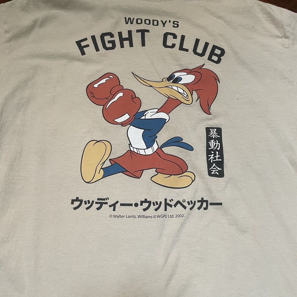 Vintage 2002 Woody Woodpecker Fight Club Graphic Tee Shirt Sand Tan L Large Y2K